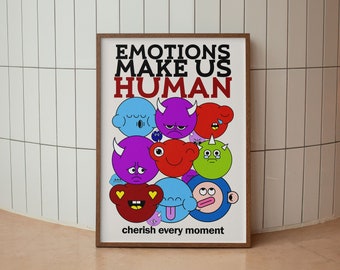 Retro Mental Health Quote Wall Art – Emotions Make Us Human, Aesthetic Typography Poster, Colorful Self Love Print, Digital Download
