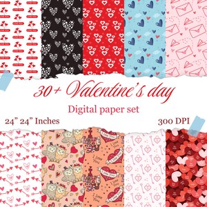 Valentine&#39;s Day Digital Paper: Pink & Red Seamless Patterns (Digital Download)