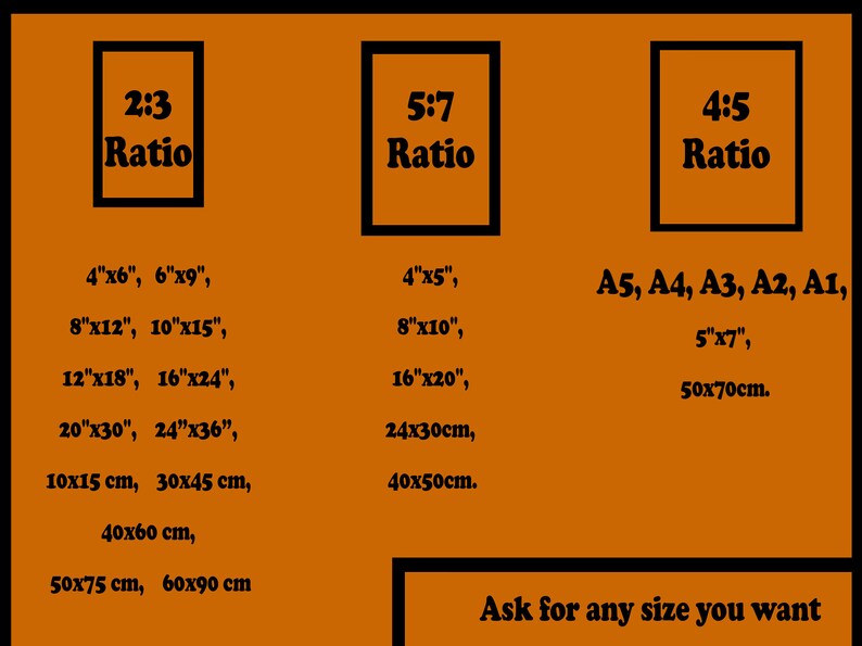 May include: A chart with three different aspect ratios for images: 2:3, 5:7, and 4:5. The chart lists common sizes in inches and centimeters for each ratio. The text "Ask for any size you want" is at the bottom of the chart.