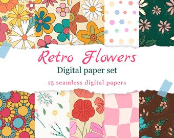 Pacchetto di motivi floreali retrò senza soluzione di continuità: 15 carte digitali stampabili, sfondi floreali vintage, kit estetico per scrapbooking e design.