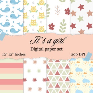 Menina, novo bebê, pacote de papel digital para impressão, Baby Digital Paper.