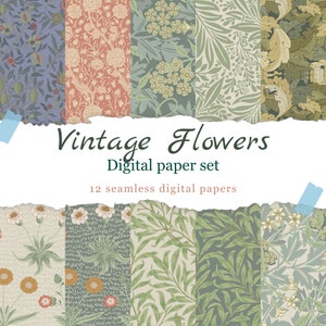 Pacote de papel digital floral Liberty Style, tecido, álbum de recortes, papéis para impressão, planos de fundo, quilting, download instantâneo. Uso comercial.