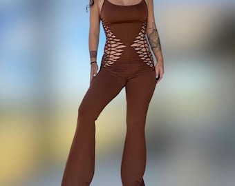 MTO Flare Slitweave Braided Catsuit Jumpsuit Size L
