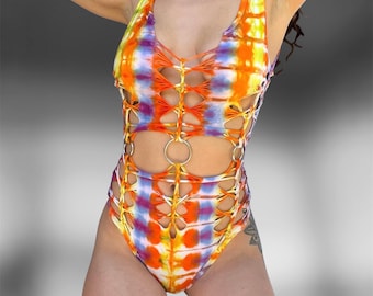 YOU CHOOSE COLORS // 1of1 Tie Dye Ravewear Slitweave Braided Bodysuit // Made To Order