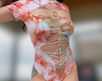 Custom Tie Dye Slitweave Bodysuit: Short Sleeve, Braided Ravewear // YOU CHOOSE COLORS!