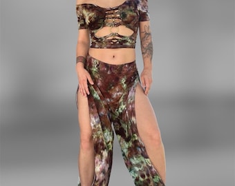 MTO Tie Dye Split Harem Pants Set // Off Shoulder Slitweave Braided Short Sleeve Crop Top // Ravewear
