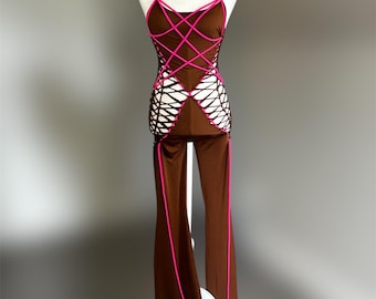 RTS Size L strappy brown flare slitweave braided catsuit