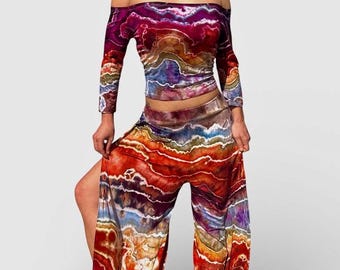 Geode Tie Dye Set: Off Shoulder Top & Split Harem Pants, (Size M, RTS)