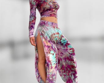 Custom tie dye split harem pants set with slitweave crop top // braided ravewear set // YOU CHOOSE COLORS!