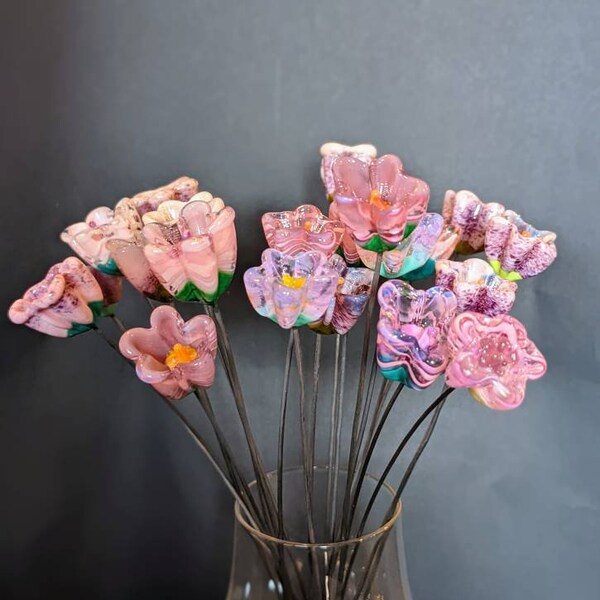 Purple pink glass flowers, decorative flowers, multicolored glass, glass bouquet, garden decorations, whimsical garden