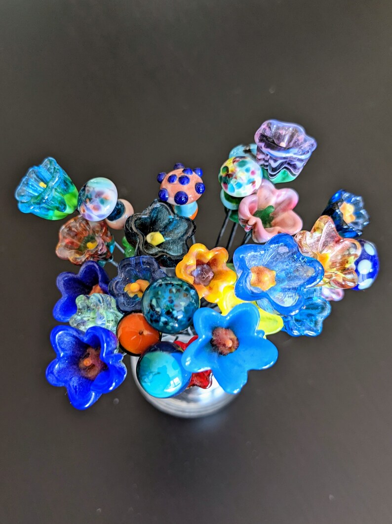 Solid Purple Teal Glass Flowers, Decorative Flowers, Multicolored Glass