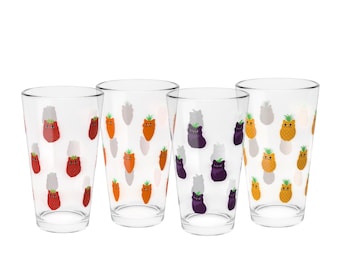 Vaso de cristal con diseño de gatos y frutas / Vaso con diseño de fresa, zanahoria, berenjena y piña