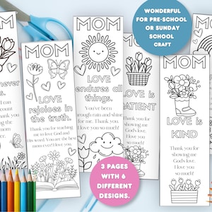 Peut inclure: Ensemble de six marque-pages à colorier imprimables avec des motifs floraux et inspirants. Chaque marque-page présente le mot "MOM" et un message différent sur l'amour. Comprend diverses illustrations et du texte.