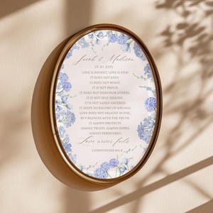 Decoración de pared con oración matrimonial, regalo cristiano personalizado para aniversario de bodas, descarga editable, el amor nunca falla, regalo de boda de última hora