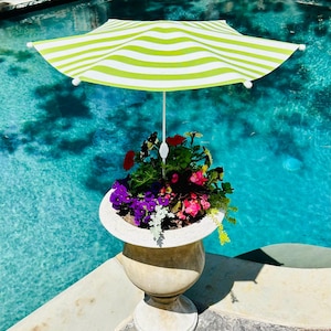 May include: A green and white striped patio umbrella with a white pole is inserted into a white ceramic planter with a variety of colorful flowers. The planter is sitting on a stone patio next to a swimming pool.