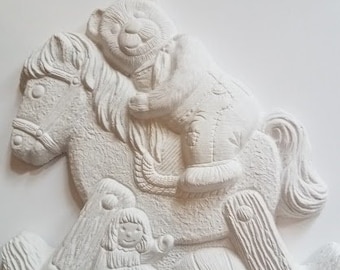 Bear on Rocking Horse Plaque, Ready-to-Paint, Unpainted