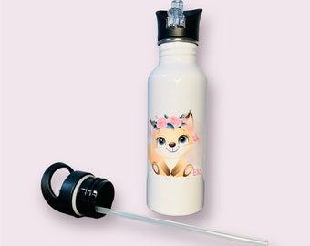 Trinkflasche Kinder personalisiert mit integriertem Strohhalm | Baby Fuchs | Wunschname | Kindergarten | Schule