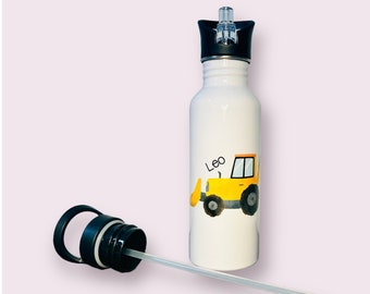 Trinkflasche Kinder personalisiert mit integriertem Strohhalm | Bagger | Baustelle | Wunschname | Kindergarten | Schule