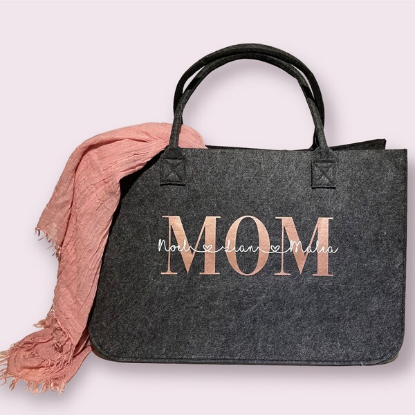 XXL Filztasche in Dunkelgrau, Shopper personalisiert mit Wunschtext Mom Mama ,Oma, Papa, Tragetasche, Handtasche, Geschenk, Vatertag