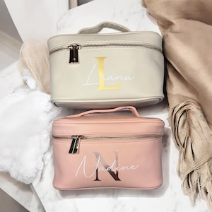Personalisierte Kosmetiktasche viele Fächer | Make Up Aufbewahrung mit Initiale und Name | Saffiano | Kunstleder | Kosmetiktasche groß