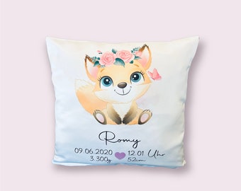 Kissen Geburt | Namenskissen | Geschenk Geburt | Geburtstag | Personalisiert | Fuchs Baby | Mädchen