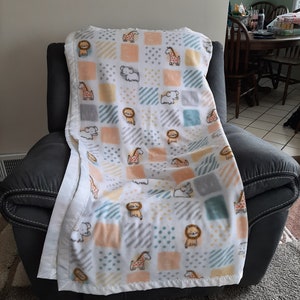 Baby Jungle Animals, Lions, Giraffes, Elephants, Infant/Toddler Fleece Blanket with a white satin trim