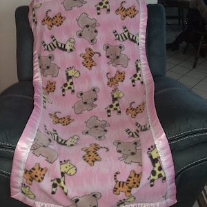 Baby Zoo Animals on a pink or yellow (minky) background, Stroller/Day Bed Fleece Blanket with a pink, pink/white or light yellow satin trim