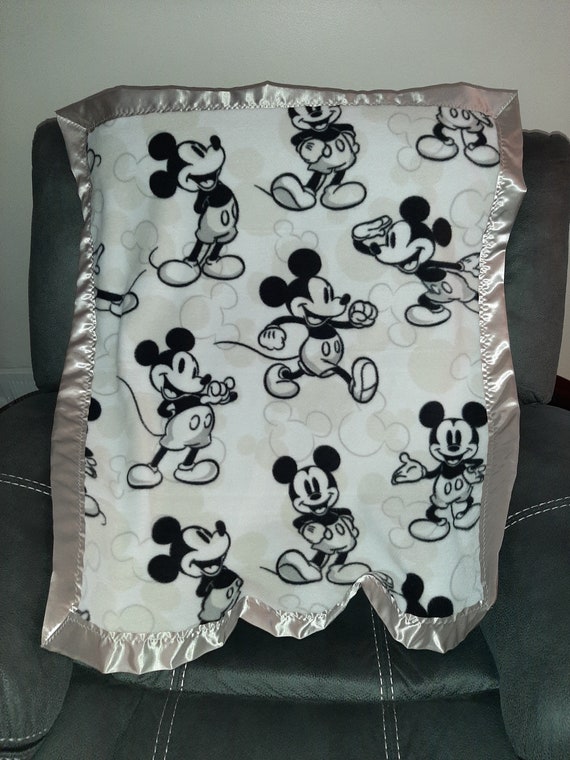 Mickey Mouse Infant Crib Fleece Blanket With a Matching Gray Satin