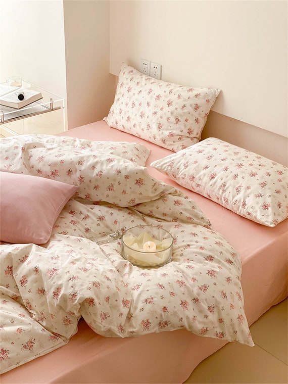 Pink Flowers Duvet Cover Pink Flat Sheet Floral Duvet Covers Etsy