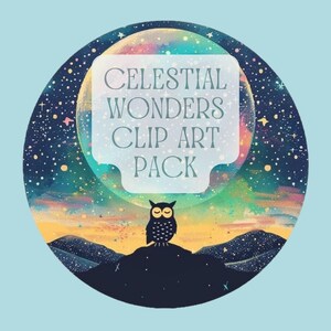 Pack d'images clipart Merveilles célestes | 5 PNG circulaires | Baleine, renard, hibou, cerf et volcan | Illustrations pastel d'animaux célestes | Numérique