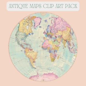 Könnte beinhalten: Eine runde, farbenfrohe Vintage-Weltkarte in Pastelltönen wie Rosa, Gelb und Blau. Die Karte zeigt Kontinente und Ozeane. Der Text oben lautet "ANTIQUE MAPS CLIP ART PACK."