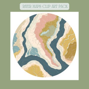 Imágenes prediseñadas de mapa de río pastel / Mapas circulares de vías navegables / Estética natural suave / Pegatinas para diario de arte mural de scrapbooking / Descarga digital