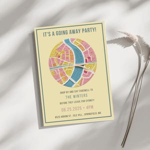 Aangepaste uitnodiging feest gaan weg - pastel stadskaart thema - militaire verhuizing, verhuizing uit de staat - afdrukbare flyer voor feest - 5 x 7 gepersonaliseerd