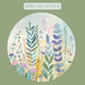 Puede incluir: Ilustración digital de una disposición circular de hierbas y flores coloridas. La obra de arte presenta una variedad de plantas en tonos verdes, azules, amarillos y rosas, con el texto "HERBS CLIP ART PACK" en la parte superior.