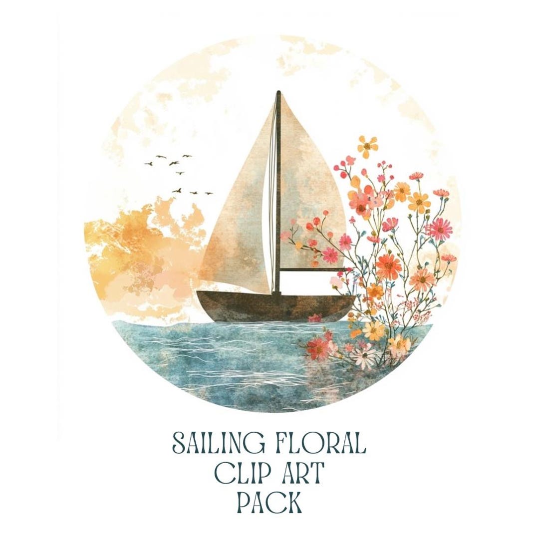 Watercolor Sailboat Clipart: Floral Retro Boat Pngs (digital Download ...