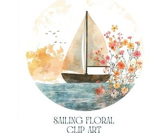 Watercolor Sailboat Clipart: Floral Retro Boat PNGs (Digital Download)