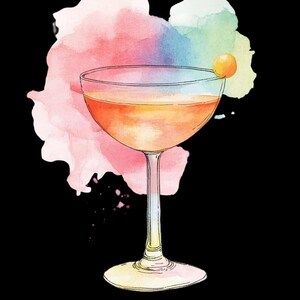 May include: A cocktail glass filled with a light orange liquid and a small orange garnish. The glass is surrounded by a watercolour background with pink, blue, and green hues.