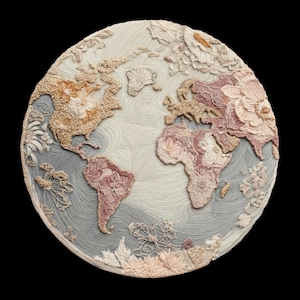May include: A round, embroidered artwork depicting a world map. The continents are rendered in shades of beige, pink, and brown, with floral patterns. The oceans are a light blue-grey, and the background is black.