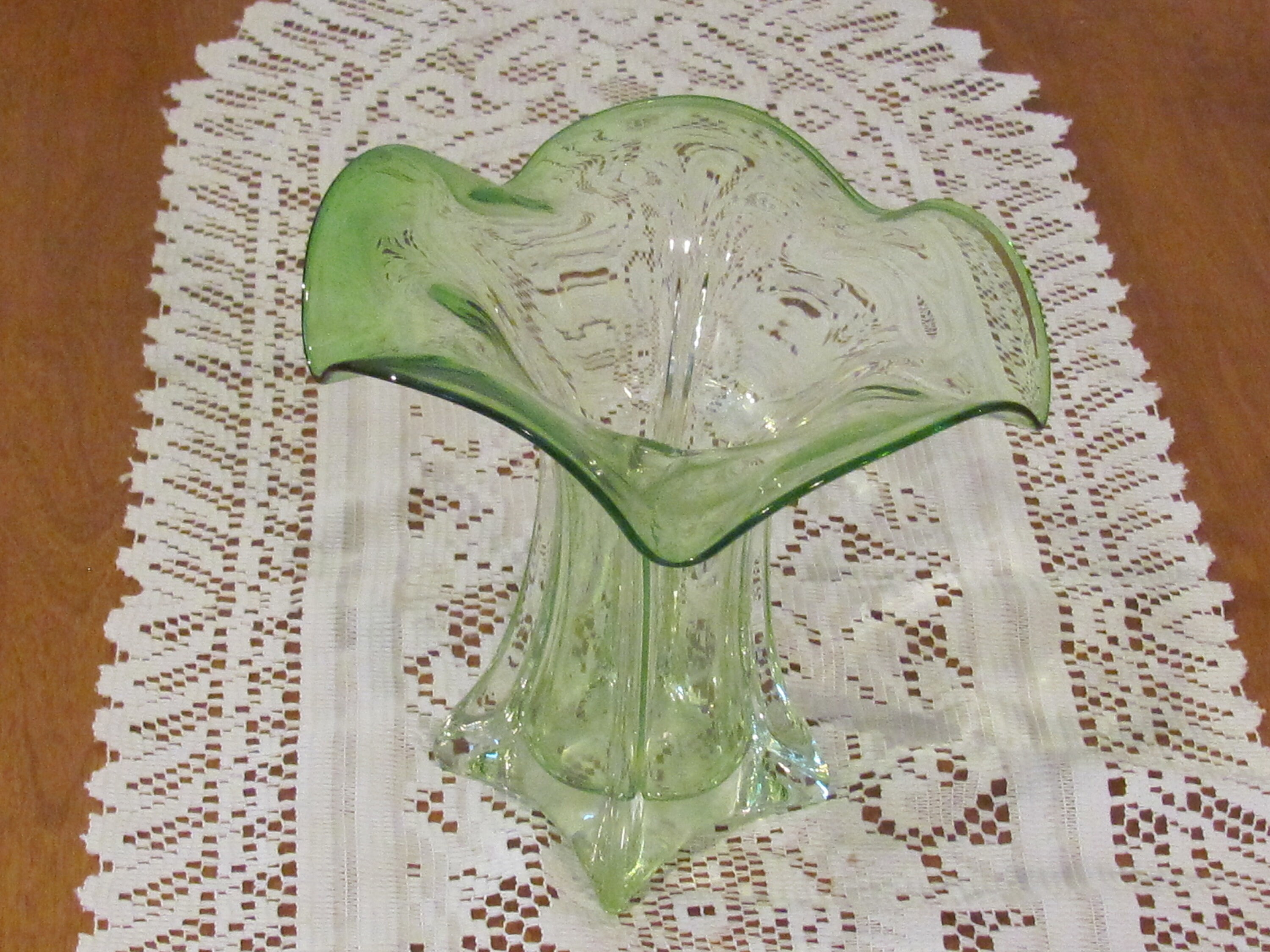 Vintage Green Glass Vase With Large Fluted Top Etsy