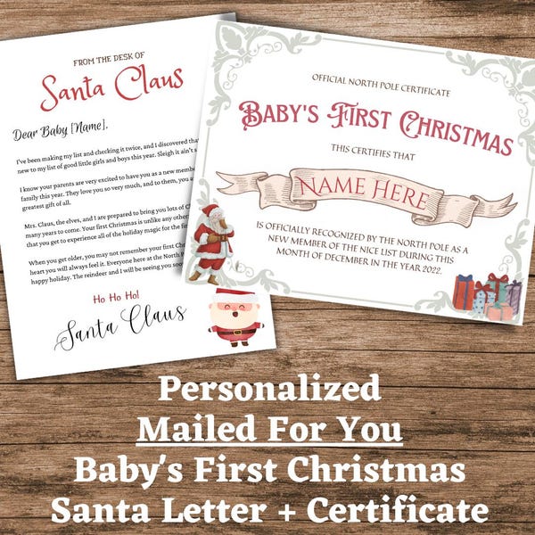 Baby's First Christmas Personalized Letter & 2025 Certificate from Santa, Mailed for You in Envelope, Official North Pole Letter Certificate
