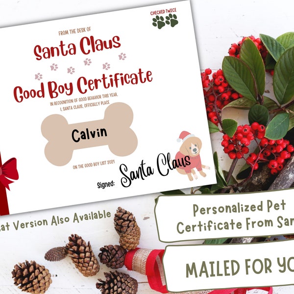 Personalized PET Certificate from Santa, Mailed for You, Santa Letter for Pets, Dog & Cat, Good Boy or Girl Certificate, Christmas for Pets