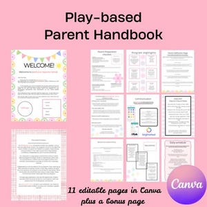 Puede incluir: Un manual digital rosa titulado "Play-based Parent Handbook" con el texto "WELCOME!" en la primera página. El manual incluye 11 páginas editables y una página de bonificación, con un logotipo de Canva.