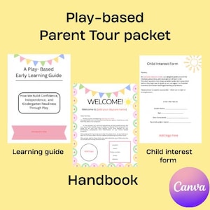 May include: A Play-based Parent Tour packet featuring a Play-Based Early Learning Guide, a Welcome handbook, and a Child Interest Form. The documents include pastel-colored bunting, sun icons, and placeholders for text, logos, and contact details.