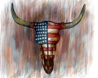 Western Bull Skull American flag PNG for sublimation mom shirt mom and dad gifts  American Flag Cow Skull skull painting WALL ART patriotic