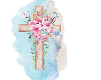 Floral Cross PNG File  Christian png Easter Cross Bible Sublimation Religious digital Download, Instant Download watercolor flower Cross PNG