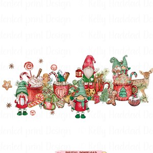 May include: A digital illustration of a Christmas scene featuring gnomes, candy canes, hot chocolate and a deer. The gnomes are wearing red and green hats and have white beards. The hot chocolate is in red mugs with green trees and white snowflakes. The candy canes are red and white. The deer is brown with white spots.
