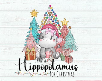 Je veux un hippopotame pour Noël Png, Hippo Digital Download, Sublimation Graphics, Merry Christmas Truck png, Christmas Hippo png, Hippo