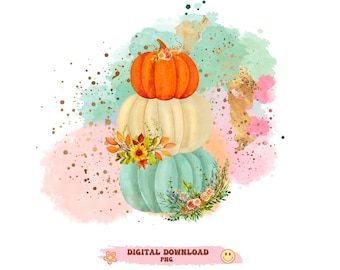 Op de afbeelding: Een stapel van drie pompoenen met een aquarel achtergrond. De bovenste pompoen is oranje, de middelste pompoen is crème en de onderste pompoen is turquoise. De pompoenen zijn versierd met herfstbloemen.