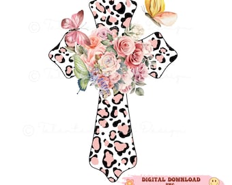 Floral Cross PNG File, Easter Cross, Bible Sublimation, Religious Cross, leopard print,Sublimation Download, Instant Download Easter Cross,
