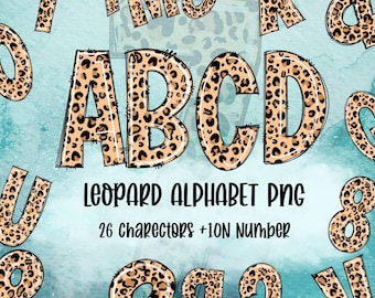 May include: Leopard print alphabet letters and numbers in a light blue watercolor background. The letters are A, B, C, and D. The numbers are 0, 1, 2, 3, 4, 5, 6, 7, 8, and 9. The text "Leopard Alphabet PNG 26 Characters + 10 Numbers" is below the letters and numbers.